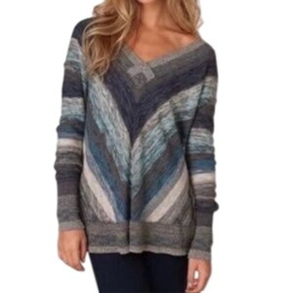 Free People Blue Chevron V-Neck Knit Wool Long Sleeve Sweater
